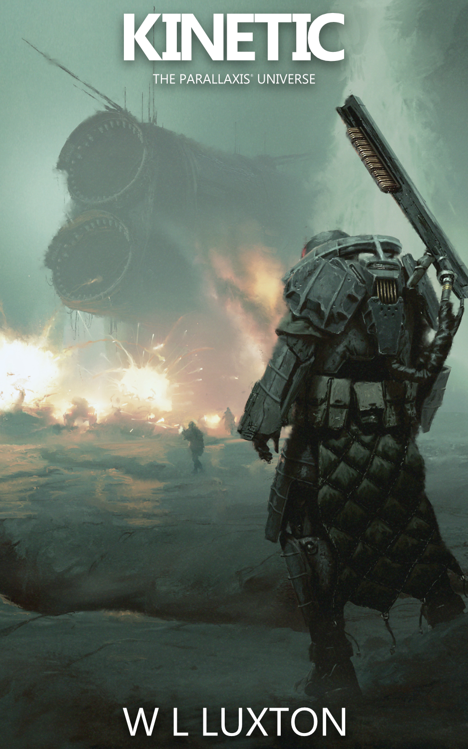 Armoured figure looking at crashed spaceship as a fight with explosions rages in front of it