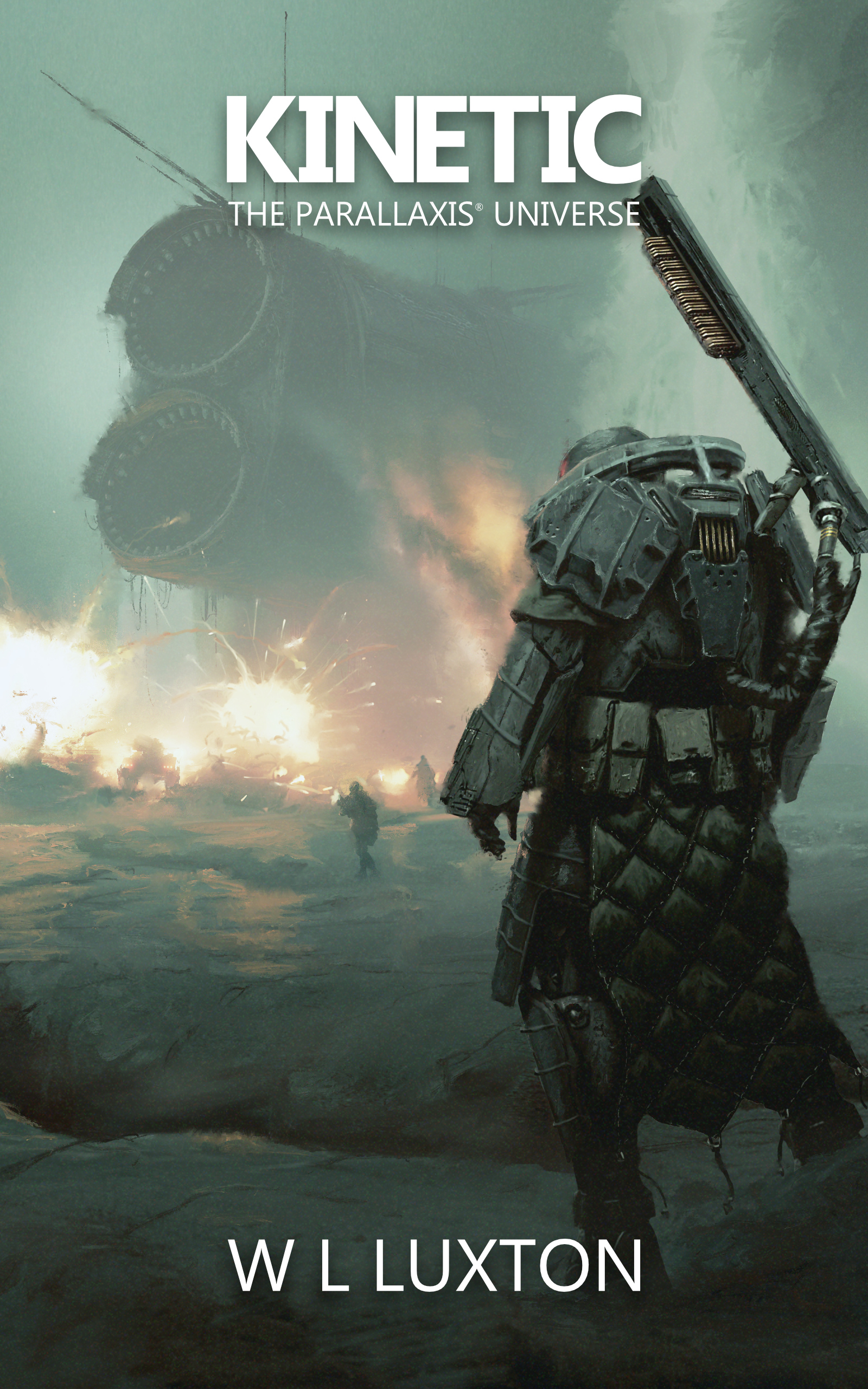 Armoured figure looking at crashed ship with battle raging in front of it.
